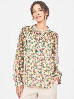 I.Madeline Sheer Fruit Pattern Button Front Long Sleeve Relaxed Oversized Blouse